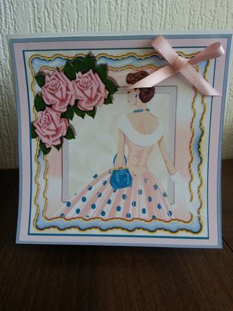 Lovely Lady in Polkadot Blue Dress with Pink Roses 8x8 by Stella Reynolds