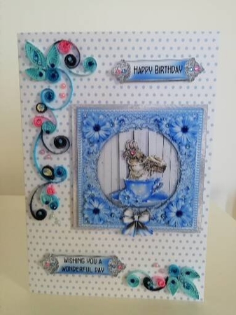 Blue Bunny in a Teacup - 6x6 inch card front with decoupage by Stephanie Bardelli