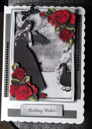 Black Winged Fae, Black Swan & Red Roses by Stephanie Bardelli