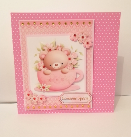 Birthday girl greeting card with cute teddy bear in a tea cup by Stephanie Bardelli