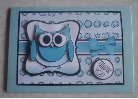 Cute Owl Thank You Decoupage Card Front - Aqua by Sue Cooper