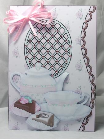 Pink Floral Tea and Cakes Scalloped S Edged Card by Sue Needham