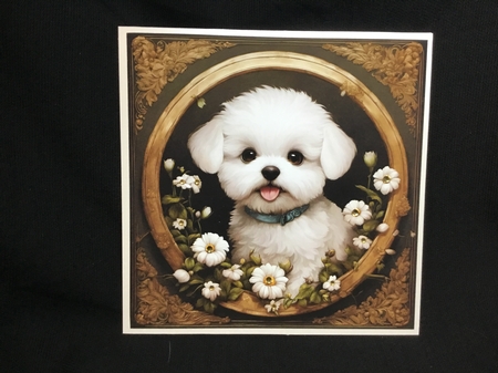 Cute Puppy With Flowers In Frame 7x7 Card Kit. Matching Box, Gift Bauble,Tag by Sue Pyman