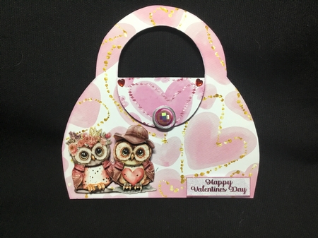Anniversary & Valentines Owls Birthday Handbag 7 x 7 Shaped Card by Sue Pyman