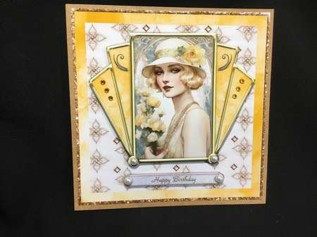Postcard style Art Deco lady with yellow flowers topper for 6x6 card  by Sue Pyman