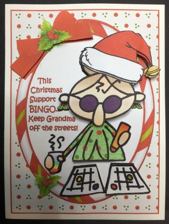 Mabel plays Christmas Bingo decoupage sheet by Sue Soules
