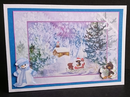 Cabin in Snow with Penguin Santa Step by Step Decoupage Card by Sue Soules