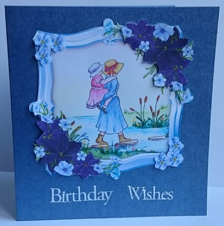 Crossing the Stream Watercolour with Blue Frame & Flowers by Sue Soules