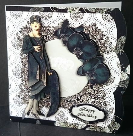 Black and White Vintage Lady Shaped Card Front by Sue Soules