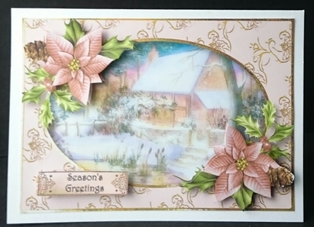 Watercolour Winter Woodland Cottage & Poinsettias by Sue Soules