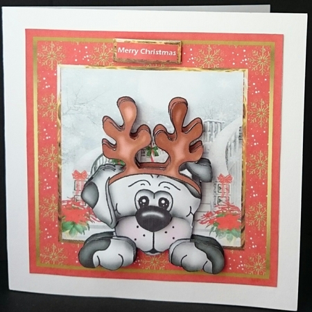 Lou the Pup with Reindeer Head Band 7x7 Card by Sue Soules