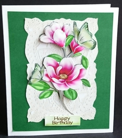 Pretty Pink Magnolias and Butterflies on Vintage Lace by Sue Soules