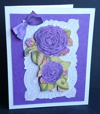 Pretty Purple Roses on Vintage Lace with Bow by Sue Soules