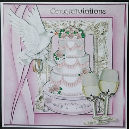 White Dove Carrying Rings with Wedding Cake & Champers 8x8 by Sue Soules