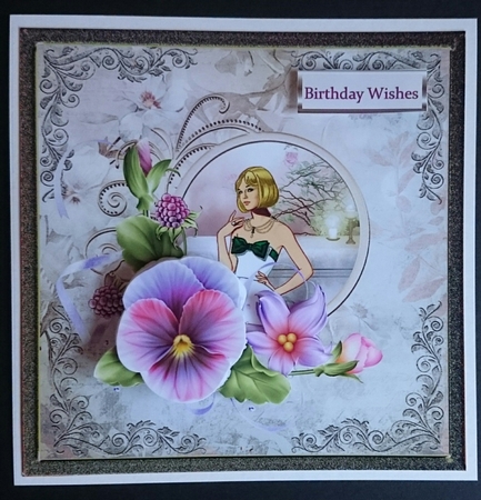 Pansy and lady 7x7 card with decoupage by Sue Soules