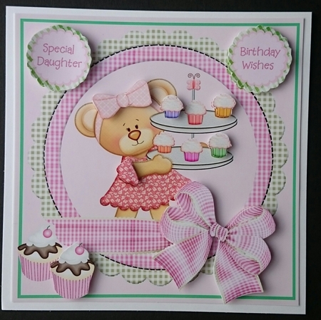Birthday card for Daughter, Sister, Niece with teddy carrying cupcakes by Sue Soules