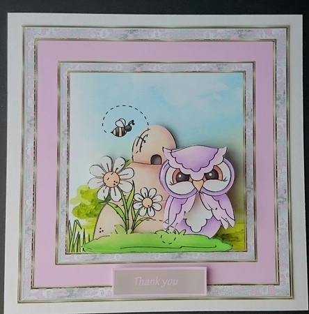 Spring hoots 7x7 card with decoupage and sentiment tags by Sue Soules