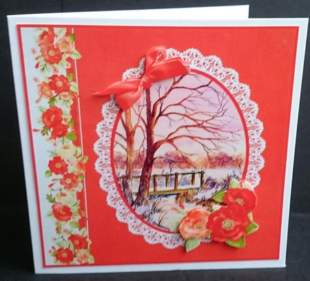 Winter Sunset card topper with Poppy and bow decoupage by Sue Soules