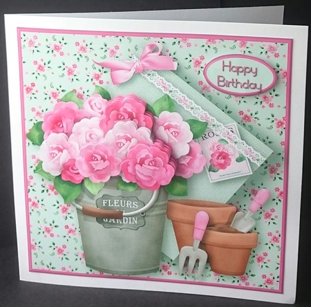 Bucket of Roses Decoupage Card Front by Sue Soules