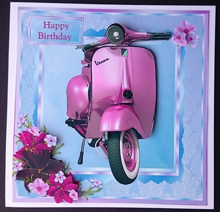 Birthday card with vespa moped and flowers by Sue Soules