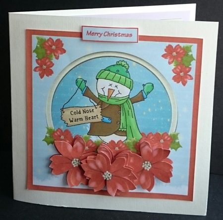 Cold nose warm heart snowman 7x7 card with decoupage by Sue Soules