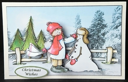 PUTTING THE NOSE ON THE SNOWMAN CHRISTMAS CARD FRONT by Sue Soules