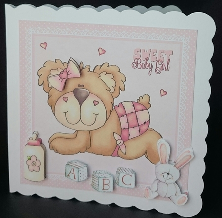 Baby girl card with cute teddy, bunny and bottle by Sue Soules