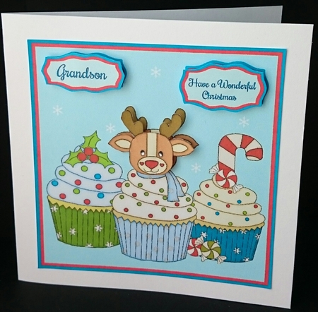Christmas card with reindeer & candy stick cupcakes by Sue Soules