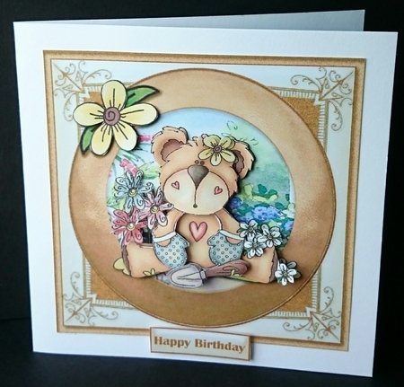 Gardening Bear Square Card Front by Sue Soules