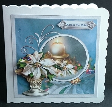 Festive Christmas 7x7 card with decoupage and sentiment tags by Sue Soules