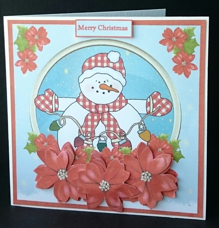 Snowman and poinsettias 7x7 card with decoupage by Sue Soules