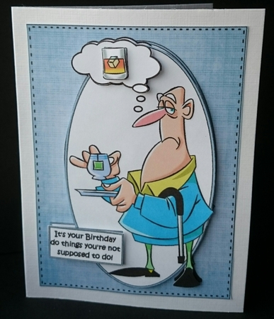 Stan thinking of enjoying his birthday quick card by Sue Soules