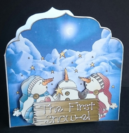 The first snow-el shaped card with large decoupage and sentiment tags by Sue Soules