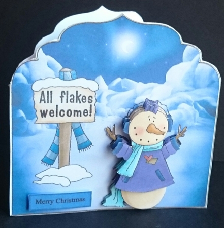 Snowgirl waiting for snow shaped card with decoupage by Sue Soules