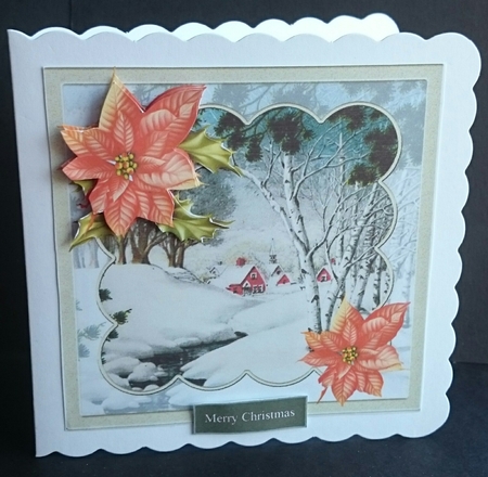 Winter stream7x7 card with poinsettia decoupage by Sue Soules