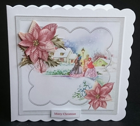 Carol singers 7x7 card with decoupage and sentiment tags by Sue Soules