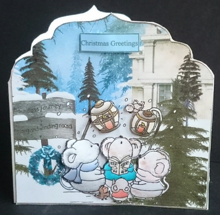 Mice carol singers shaped card with decoupage and sentiment tags by Sue Soules