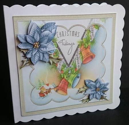  bells ring out for Christmas 7x7 card with decoupage and sentiment tags by Sue Soules