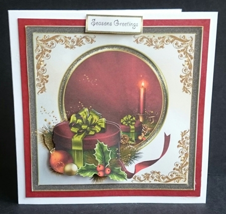 Christmas gift and holly 7x7 card with decoupage by Sue Soules
