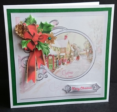 Vintage Christmas village 7x7 card with decoupage by Sue Soules
