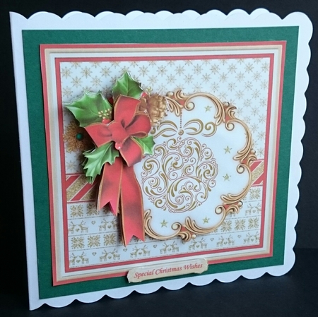 HOLLY RIBBON & Gold Bauble 8x8 Christmas Decoupage Mini Kit by Sue Soules