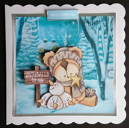 Cosy bear 7x7 card with decoupage by Sue Soules
