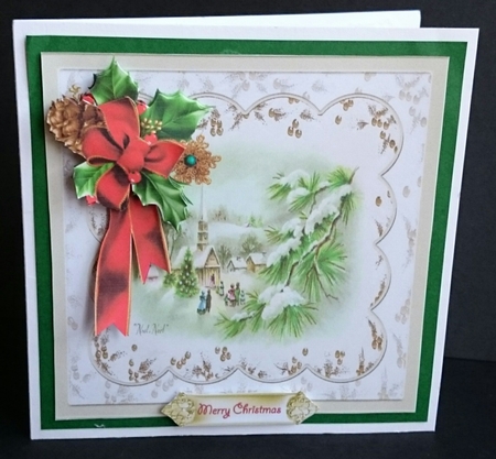 Holly and ribbon 7x7 card with decoupage by Sue Soules