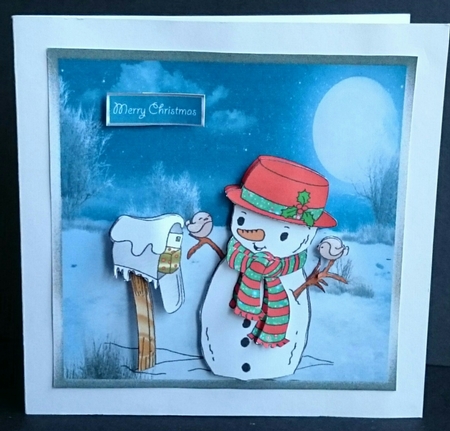 A snowman has mail 7x7 card with decoupage by Sue Soules