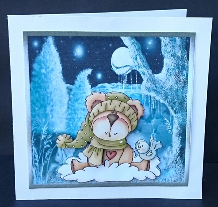 Cosy bear and the little bird 7x7 card with decoupage by Sue Soules