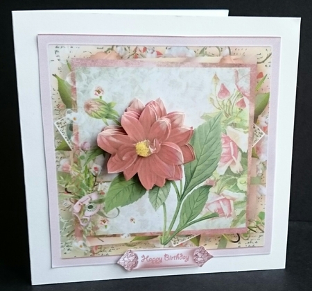 Beautiful Dahlia 7x7 card with decoupage by Sue Soules