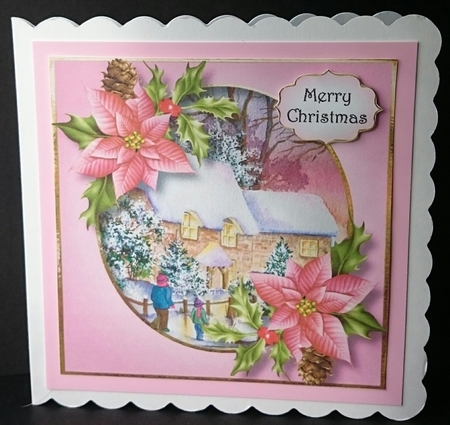 Watercolour Cottages With poinsettias 8x8 by Sue Soules