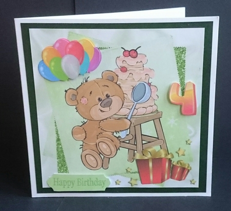 Teddies birthday cake with presents & balloons 8x8 by Sue Soules