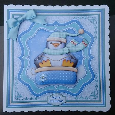 Penguin Sledging Fun 7.5 Christmas Decoupage Mini Kit by Sue Soules