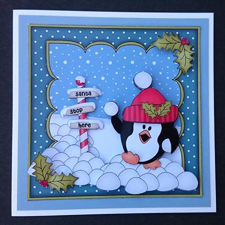 8x8 Xmas Pip Penguin Snowball Fight Mini Kit 3D Decoupage by Sue Soules